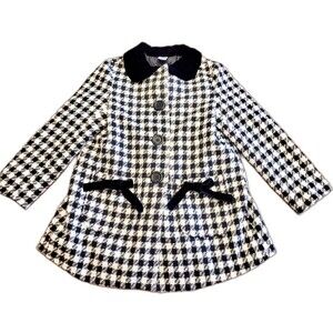 Vintage Girl's Checkered White Black Coat Velvet Trim Size 7/8